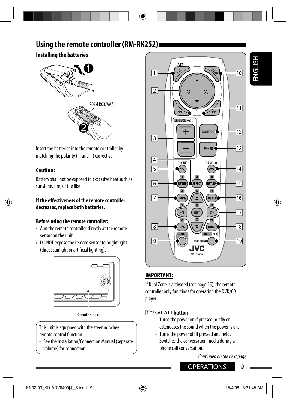 Using the remote controller (rm-rk252), English 9 operations | JVC KD-ADV8490 User Manual | Page 9 / 201