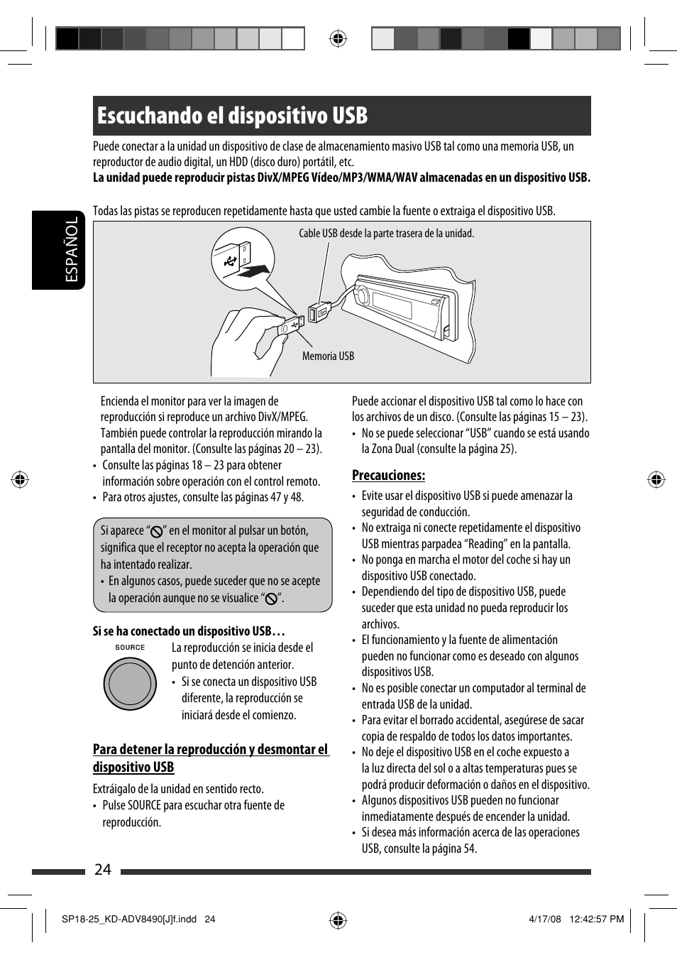 Escuchando el dispositivo usb, 24 español | JVC KD-ADV8490 User Manual | Page 90 / 201