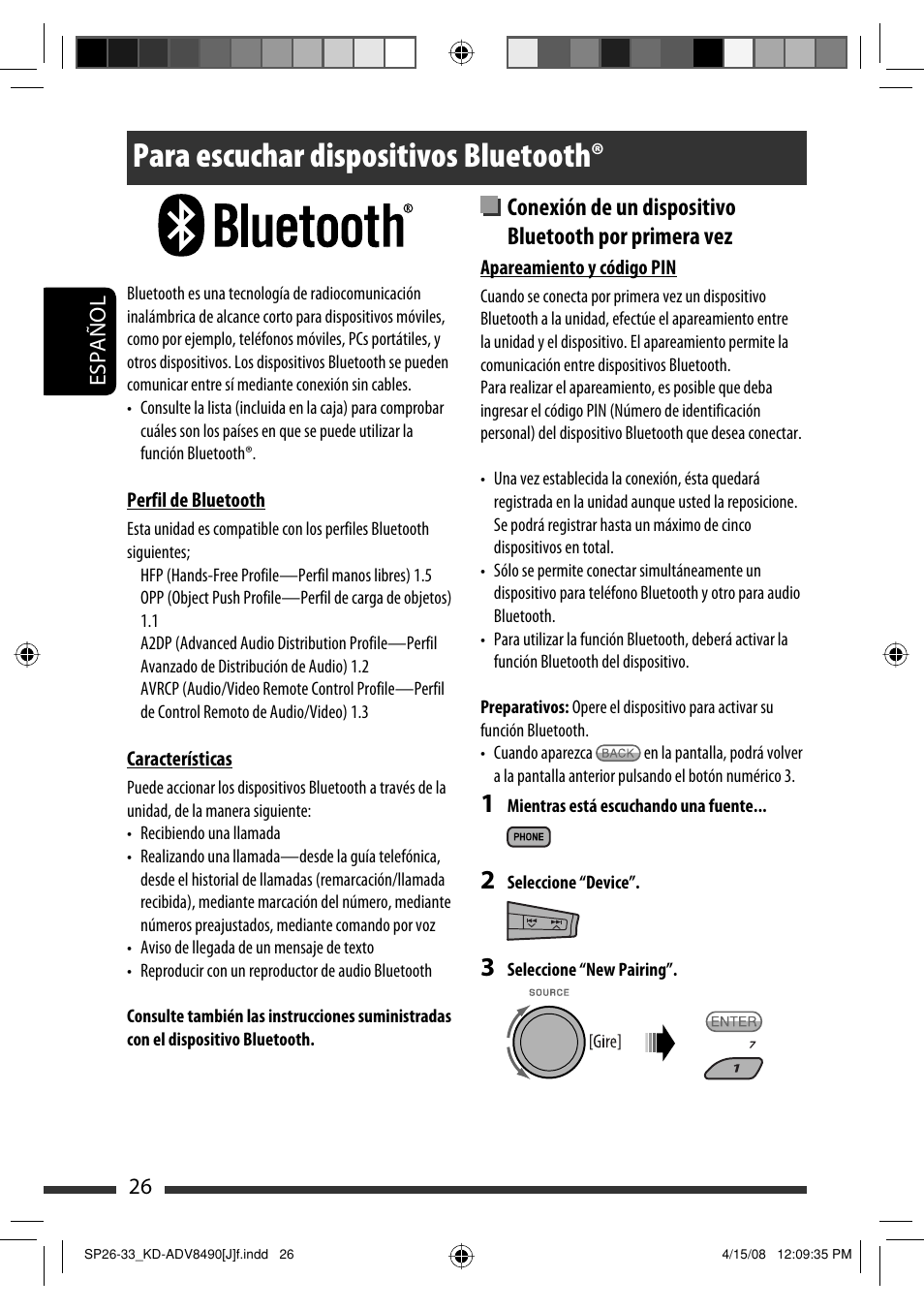 Para escuchar dispositivos bluetooth | JVC KD-ADV8490 User Manual | Page 92 / 201