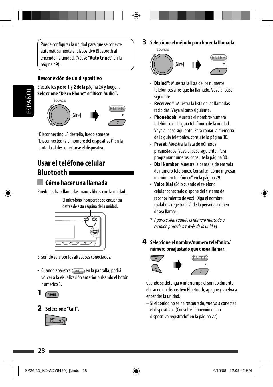 Usar el teléfono celular bluetooth, Cómo hacer una llamada | JVC KD-ADV8490 User Manual | Page 94 / 201