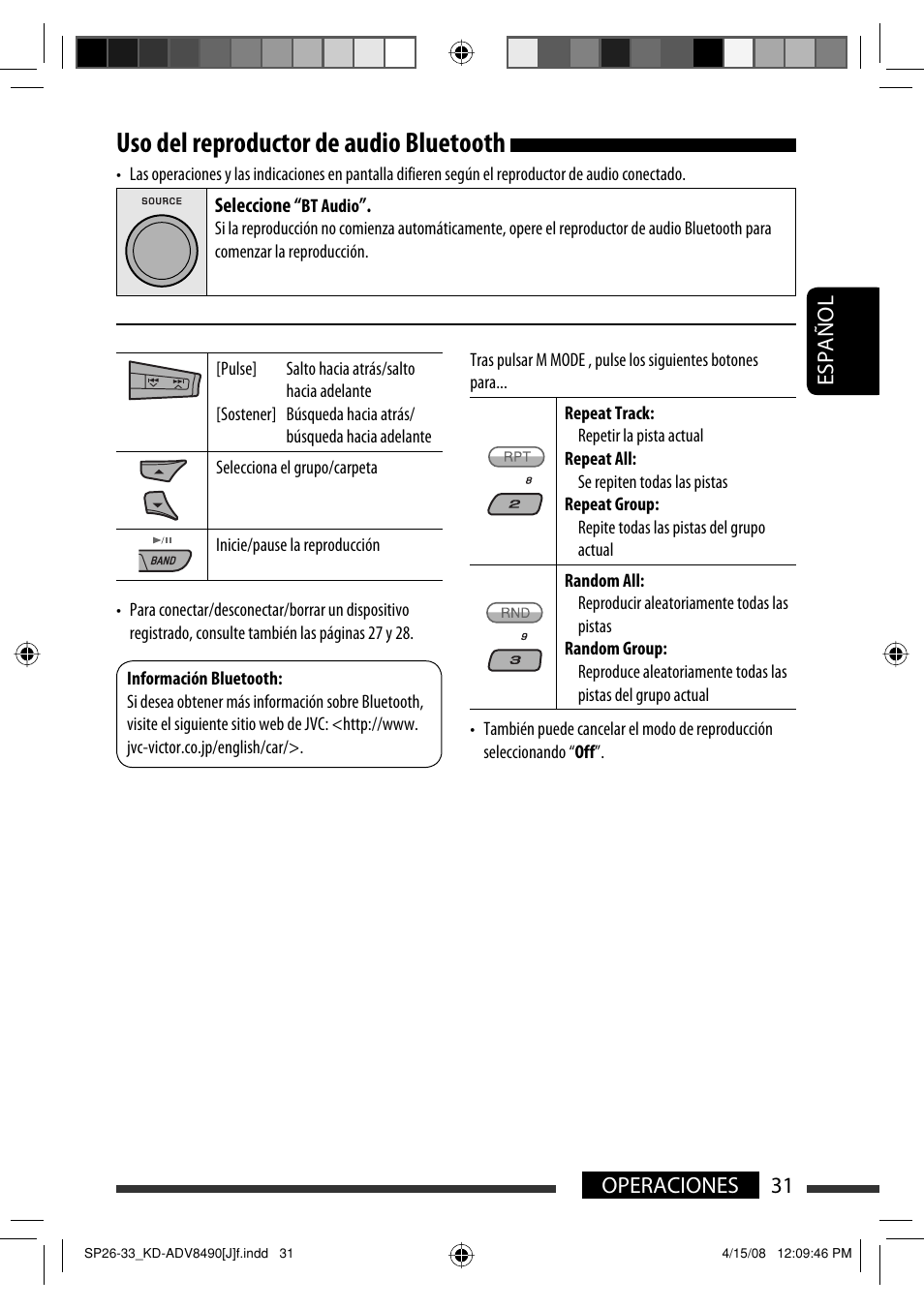 Uso del reproductor de audio bluetooth, 31 operaciones español | JVC KD-ADV8490 User Manual | Page 97 / 201