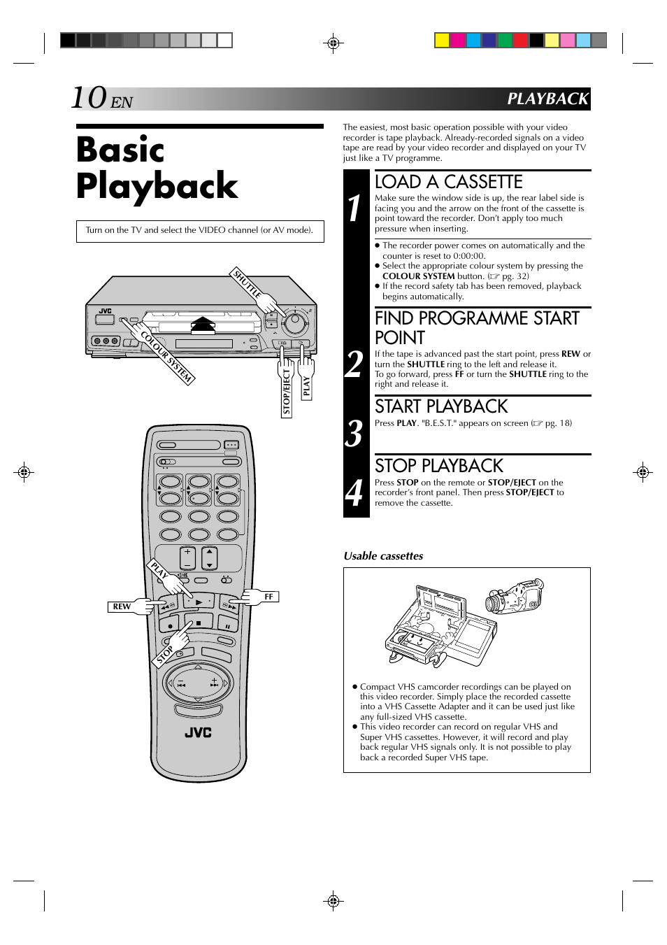 Basic playback, Load a cassette, Find programme start point | Start playback, Stop playback, Playback | JVC HR-J635EA User Manual | Page 10 / 41