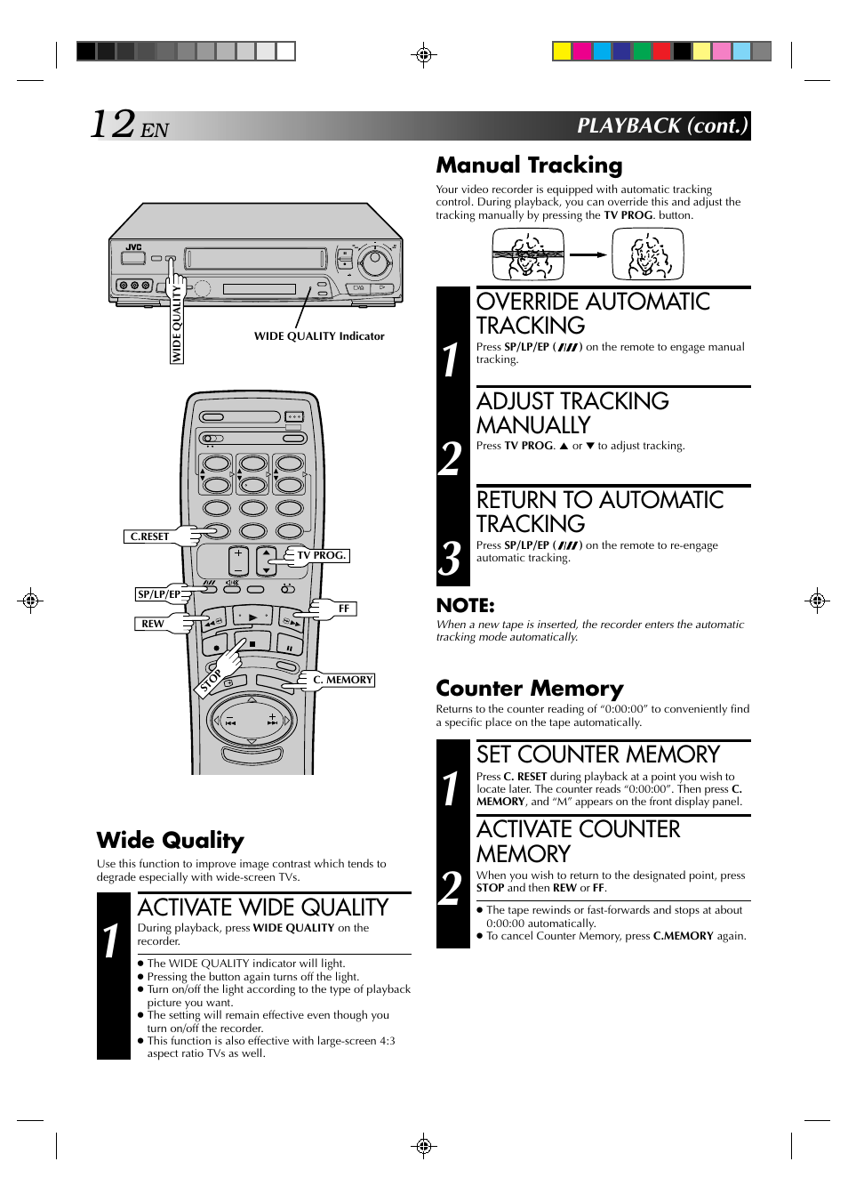Override automatic tracking, Adjust tracking manually, Return to automatic tracking | Activate wide quality, Playback (cont.) manual tracking, Wide quality | JVC HR-J635EA User Manual | Page 12 / 41