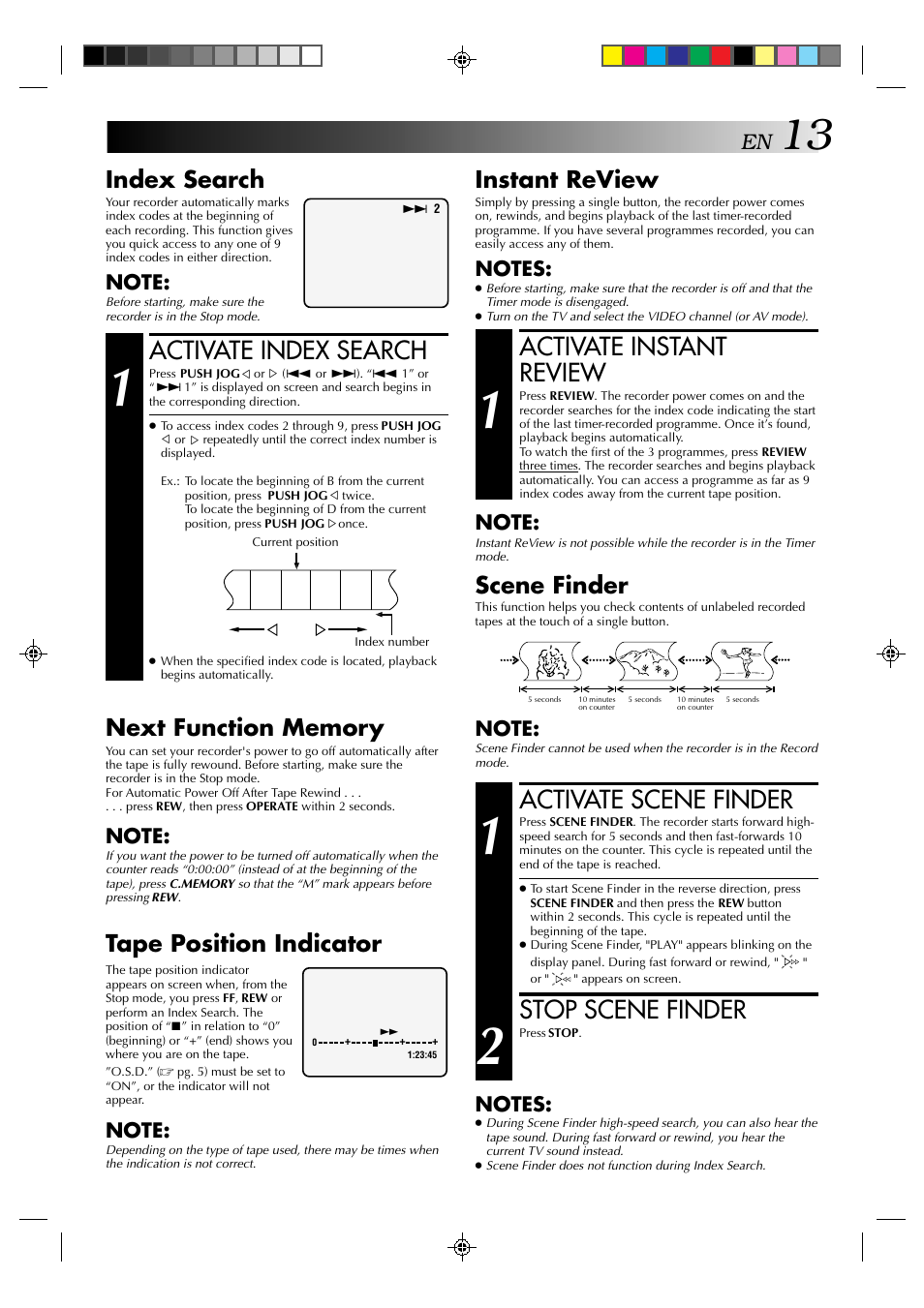 Activate instant review, Activate scene finder, Stop scene finder | Activate index search, Instant review, Index search, Scene finder, Tape position indicator | JVC HR-J635EA User Manual | Page 13 / 41