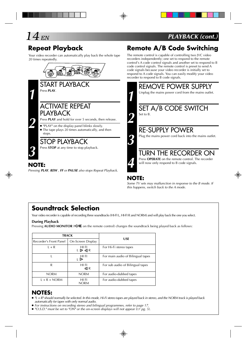 Start playback, Activate repeat playback, Stop playback | Remove power supply, Set a/b code switch, Re-supply power, Turn the recorder on, Repeat playback, Soundtrack selection, Playback (cont.) remote a/b code switching | JVC HR-J635EA User Manual | Page 14 / 41
