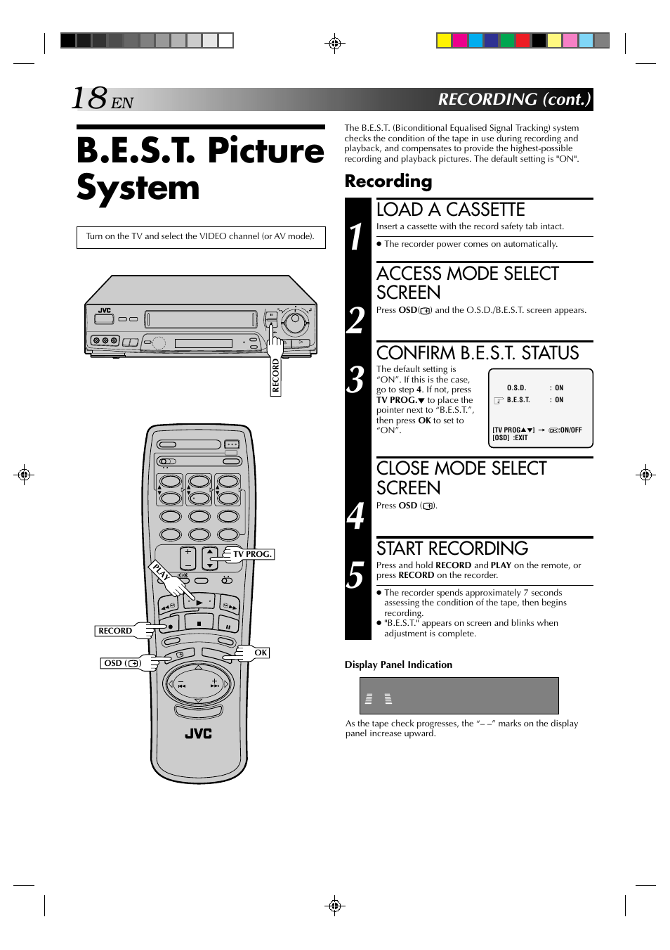 B.e.s.t. picture system, Load a cassette, Access mode select screen | Confirm b.e.s.t. status, Close mode select screen, Start recording, Recording (cont.), Recording | JVC HR-J635EA User Manual | Page 18 / 41