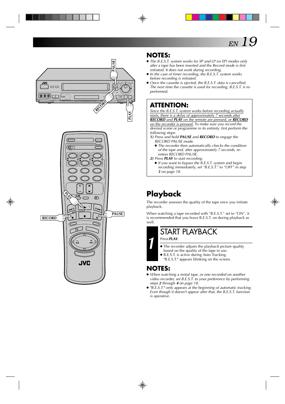 Start playback, Playback, Attention | JVC HR-J635EA User Manual | Page 19 / 41