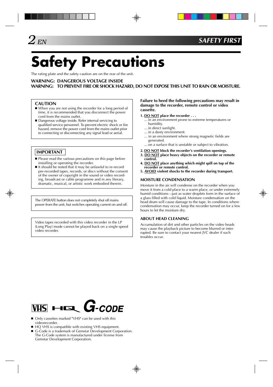 Safety precautions, Safety first | JVC HR-J635EA User Manual | Page 2 / 41