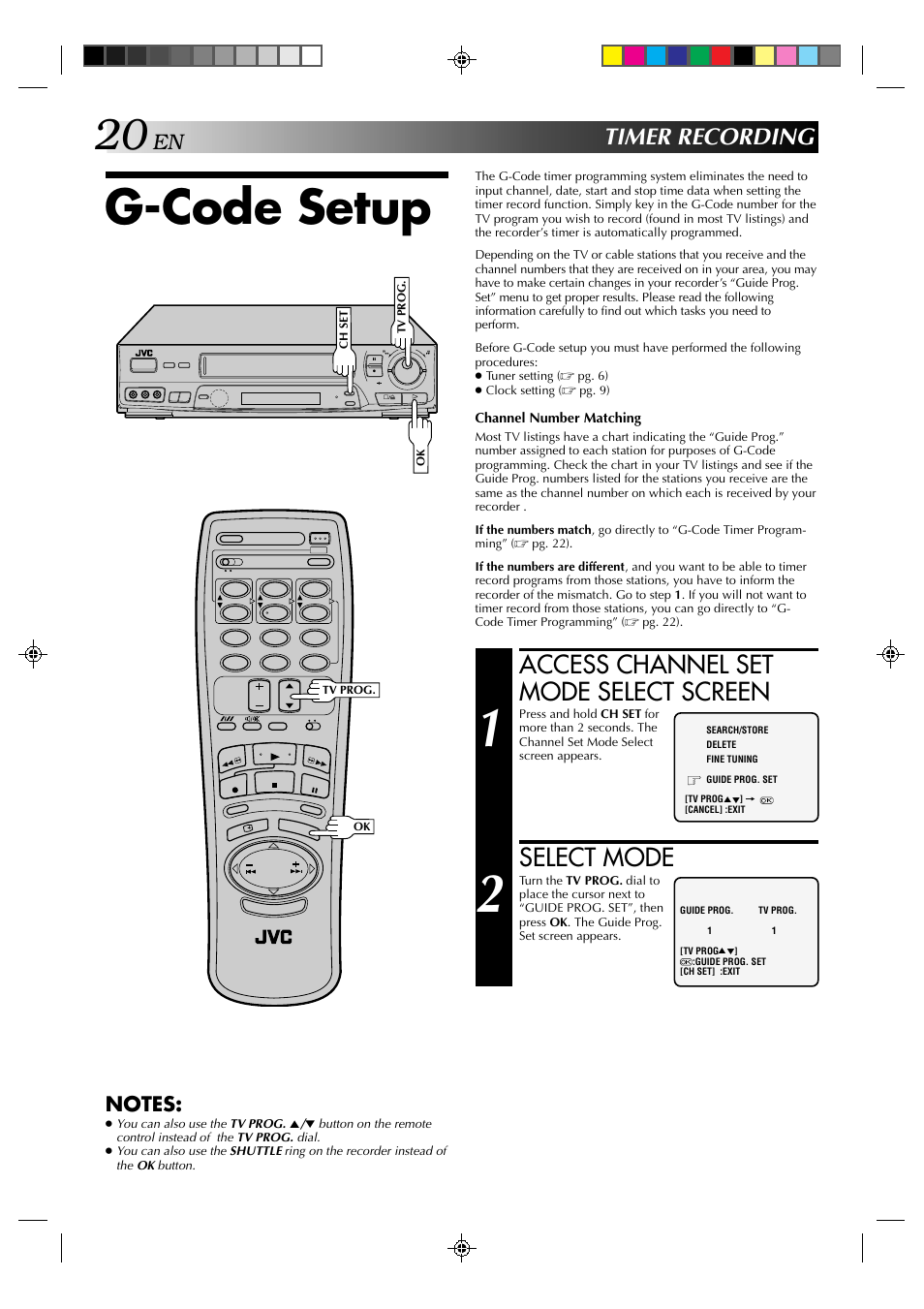 G-code setup, Access channel set mode select screen, Select mode | Timer recording | JVC HR-J635EA User Manual | Page 20 / 41
