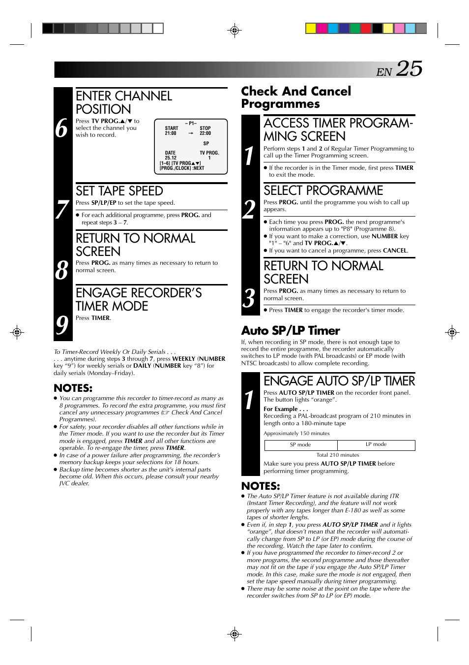 Enter channel position, Set tape speed, Return to normal screen | Engage recorder’s timer mode, Access timer program- ming screen, Select programme, Engage auto sp/lp timer, Check and cancel programmes, Auto sp/lp timer | JVC HR-J635EA User Manual | Page 25 / 41