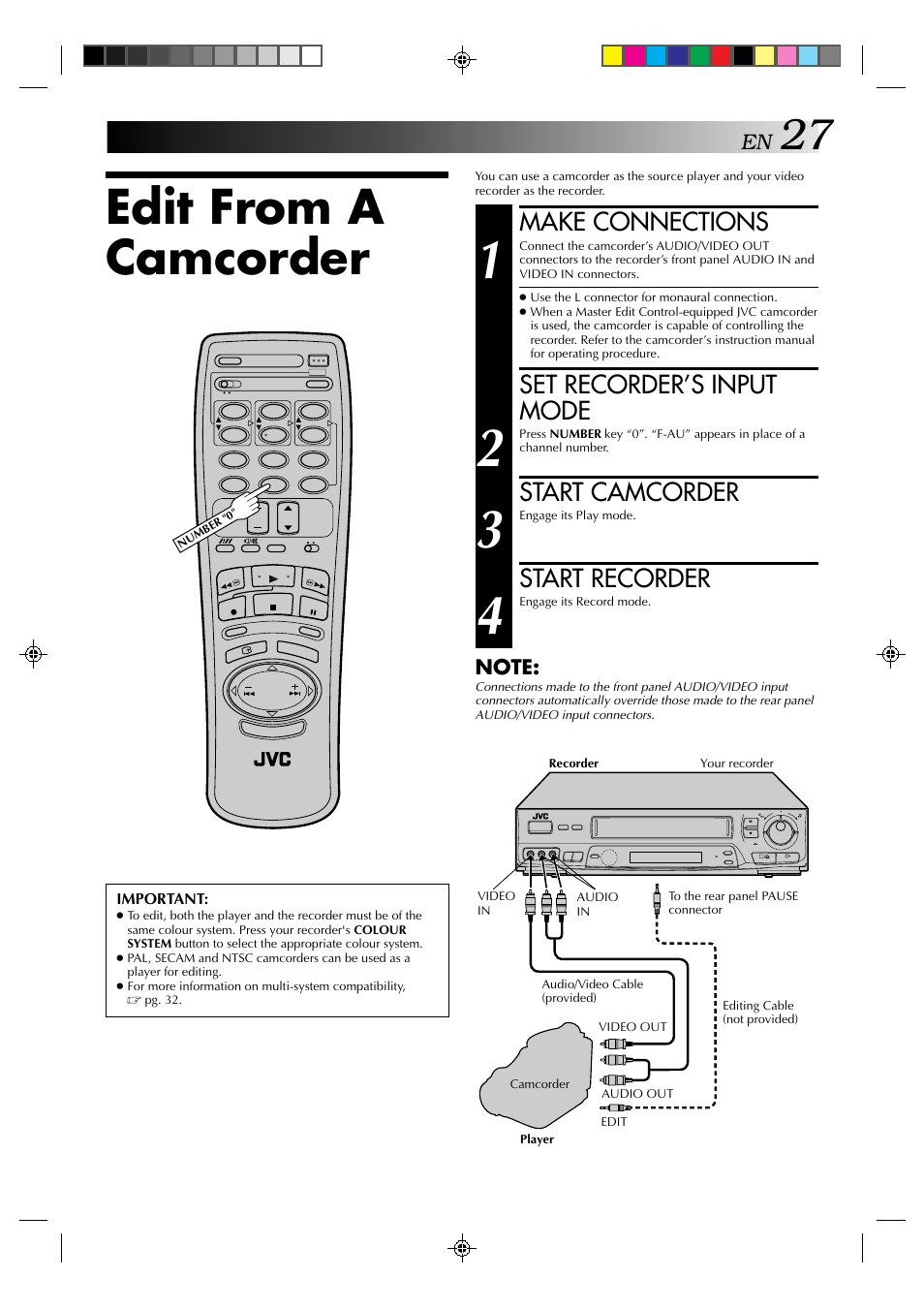 Edit from a camcorder, Make connections, Set recorder’s input mode | Start camcorder, Start recorder | JVC HR-J635EA User Manual | Page 27 / 41