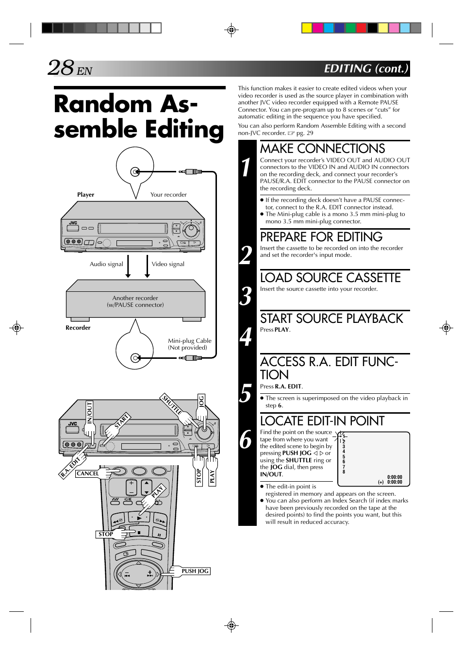 Random as- semble editing, Make connections, Prepare for editing | Load source cassette, Start source playback, Access r.a. edit func- tion, Locate edit-in point, Editing (cont.) | JVC HR-J635EA User Manual | Page 28 / 41