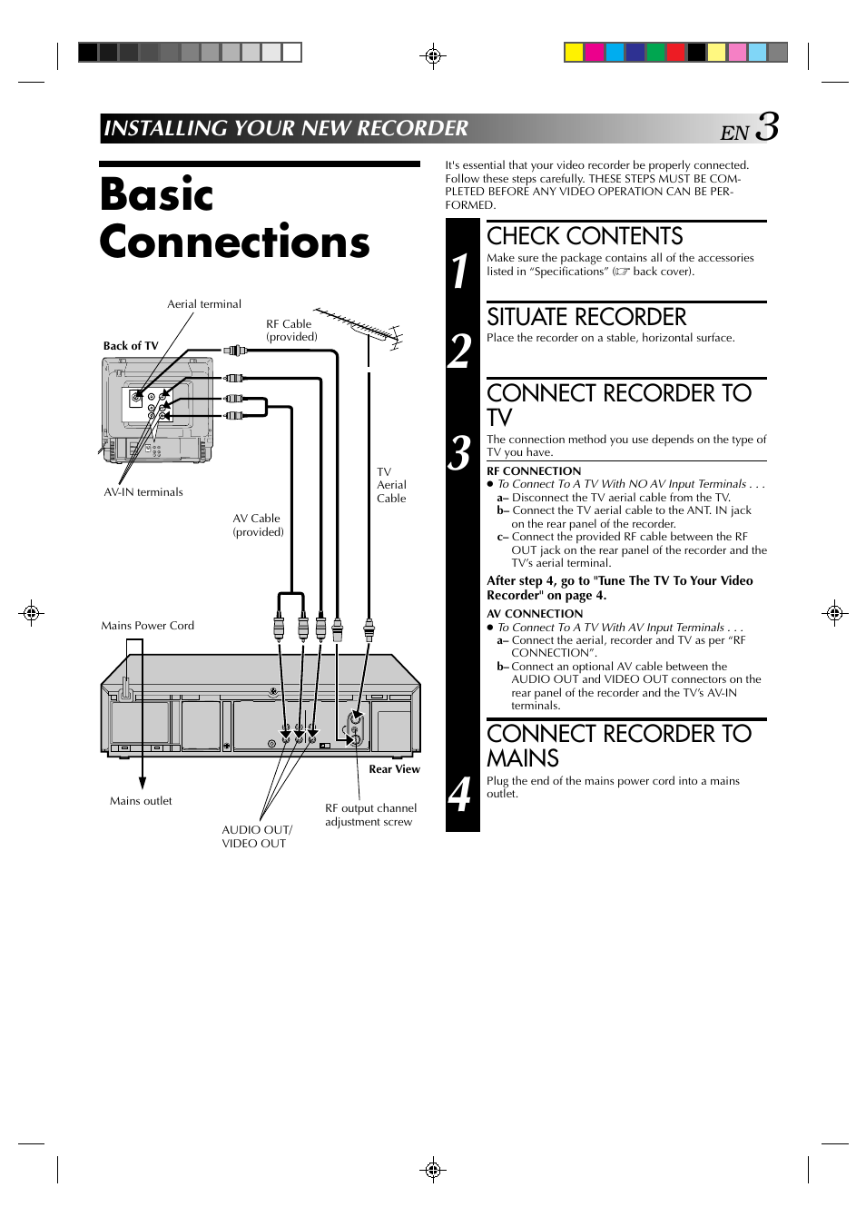 Basic connections, Check contents, Situate recorder | Connect recorder to tv, Connect recorder to mains, Installing your new recorder | JVC HR-J635EA User Manual | Page 3 / 41