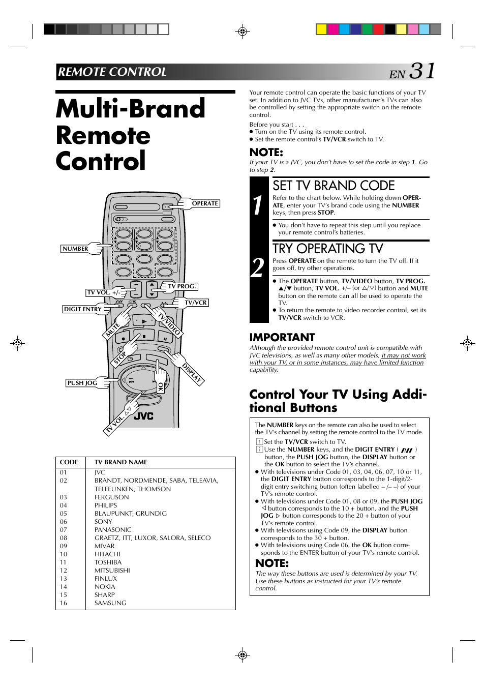 Multi-brand remote control, Set tv brand code, Try operating tv | Important | JVC HR-J635EA User Manual | Page 31 / 41