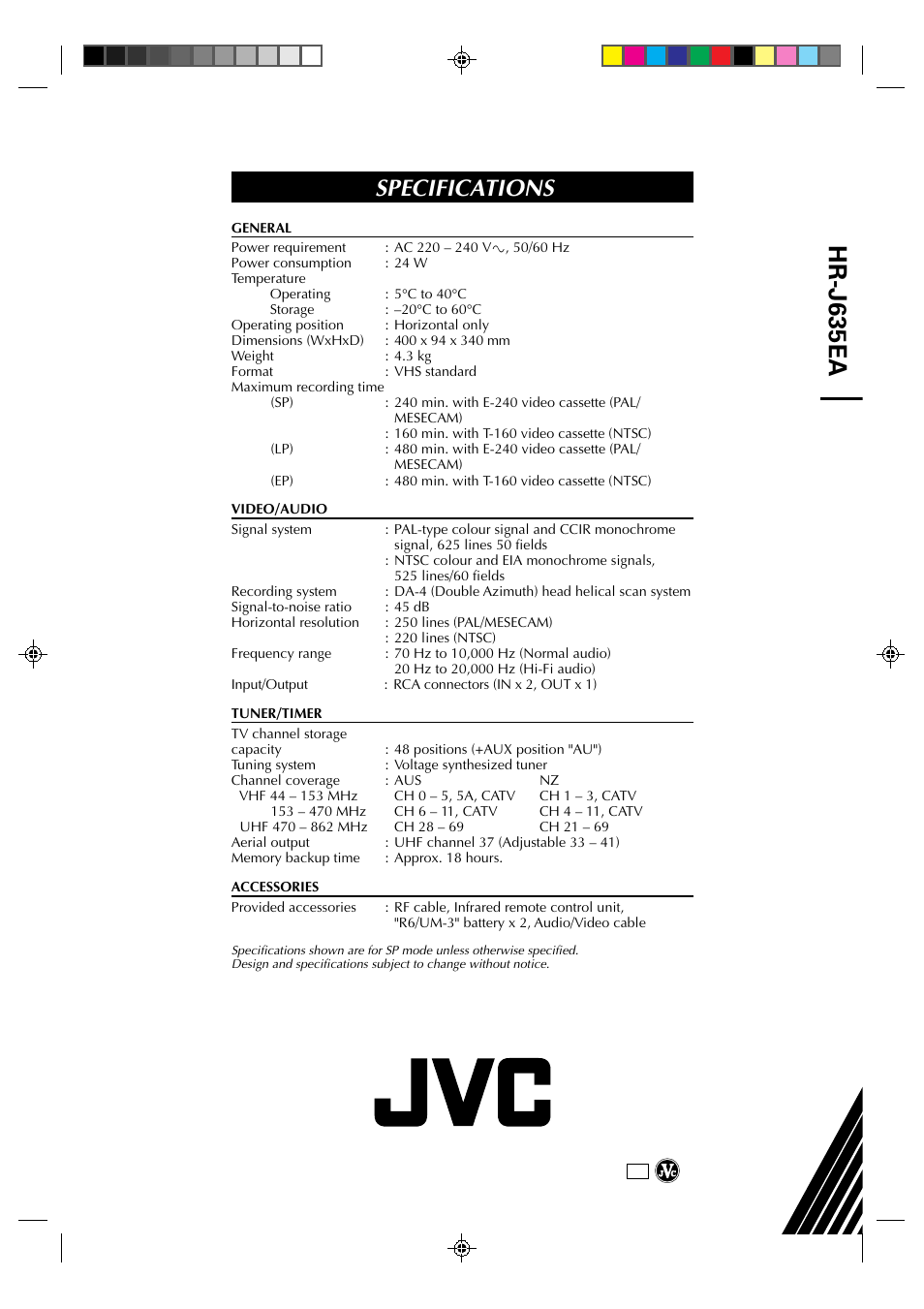 Hr-j635ea, Specifications | JVC HR-J635EA User Manual | Page 41 / 41