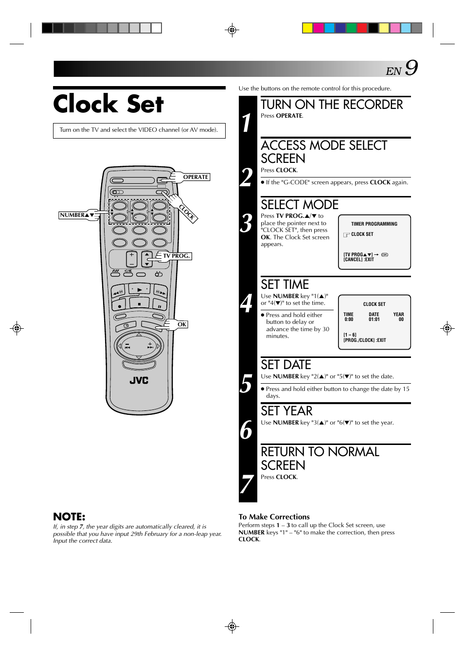 Clock set, Turn on the recorder, Access mode select screen | Select mode, Set time, Set date, Set year, Return to normal screen | JVC HR-J635EA User Manual | Page 9 / 41