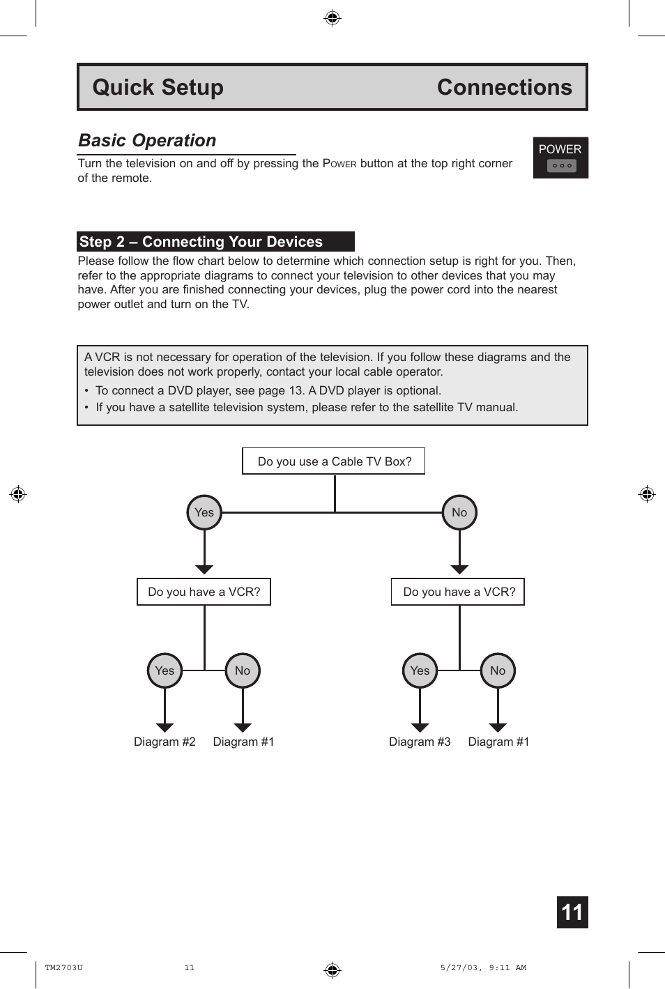 Connections, Quick setup connections, Basic operation | JVC TM-2703U User Manual | Page 11 / 40