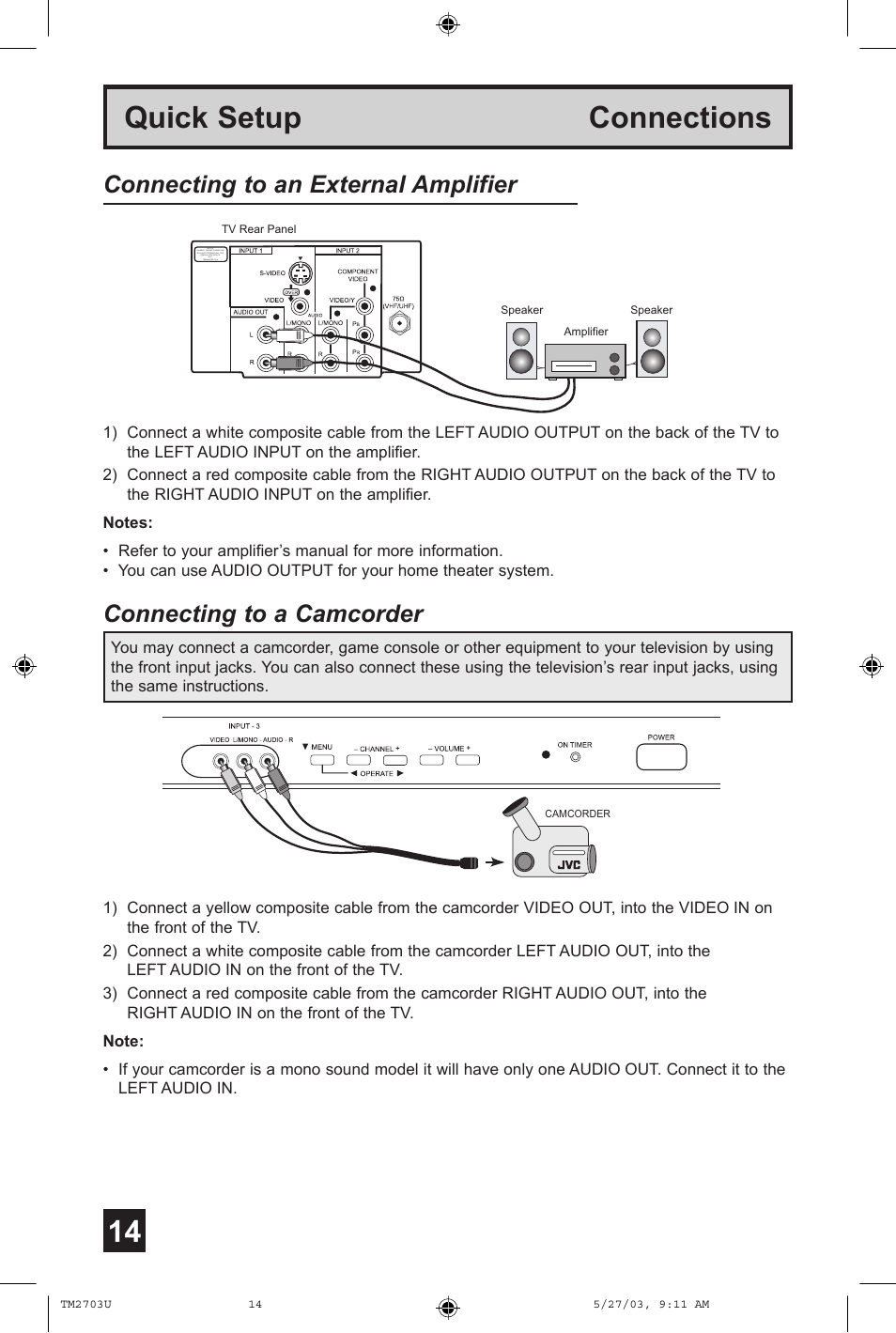 Quick setup connections, Connecting to a camcorder, Connecting to an external amplifier | JVC TM-2703U User Manual | Page 14 / 40