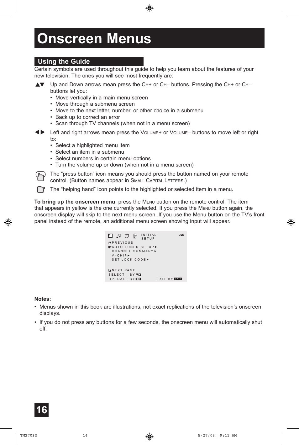 Onscreen menus, Using the guide | JVC TM-2703U User Manual | Page 16 / 40