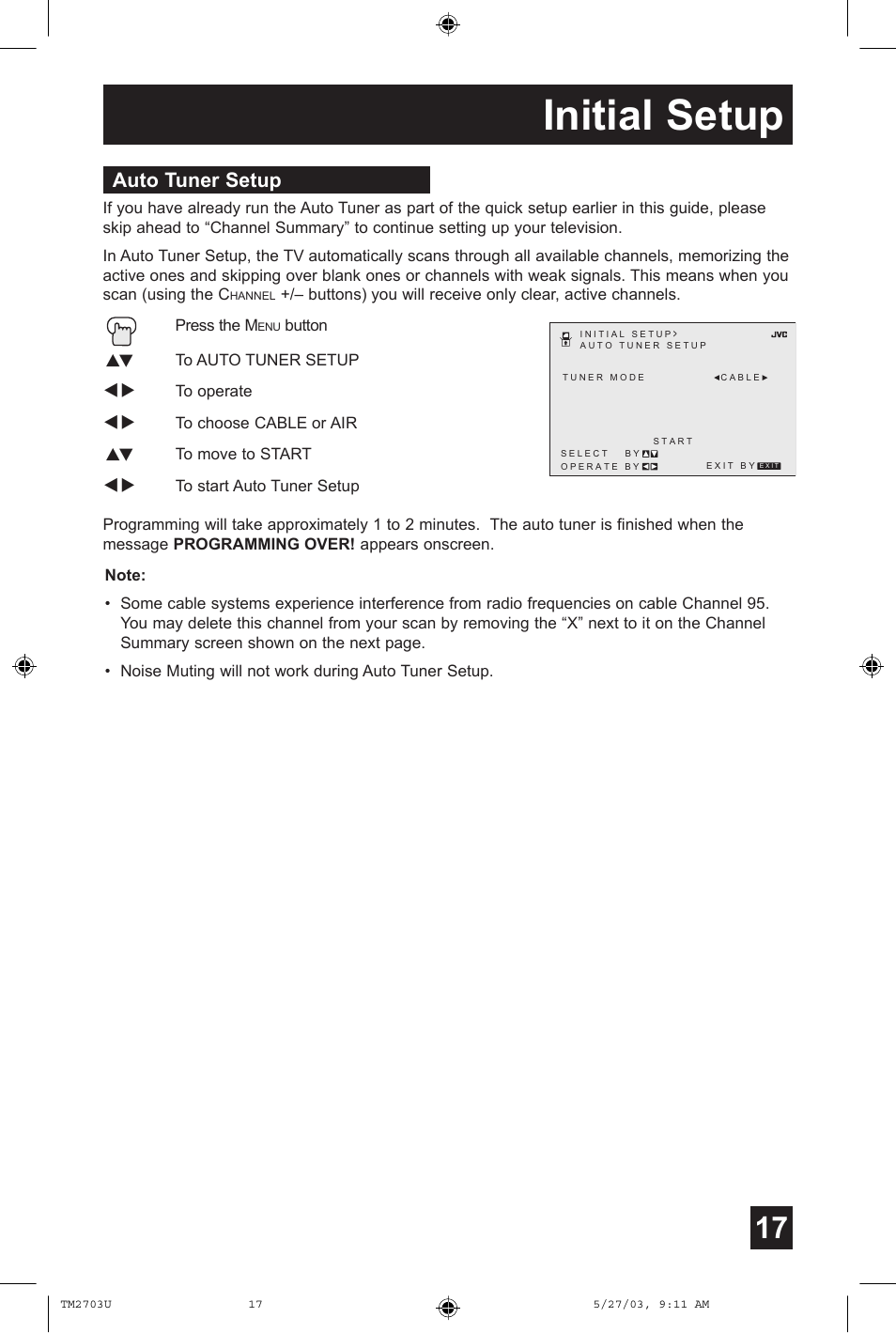 Initial setup, Auto tuner setup | JVC TM-2703U User Manual | Page 17 / 40