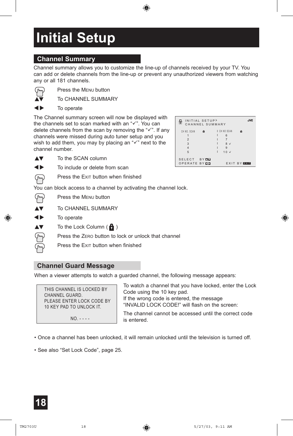 Channel summary, Initial setup, Channel guard message channel summary | JVC TM-2703U User Manual | Page 18 / 40