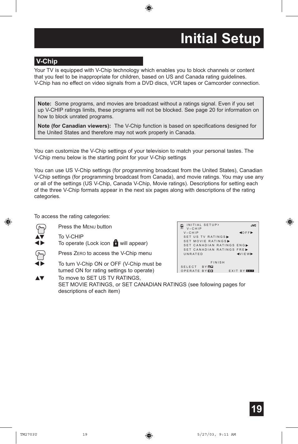 V-chip, Initial setup | JVC TM-2703U User Manual | Page 19 / 40