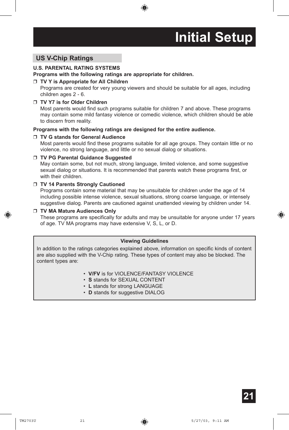 Initial setup | JVC TM-2703U User Manual | Page 21 / 40
