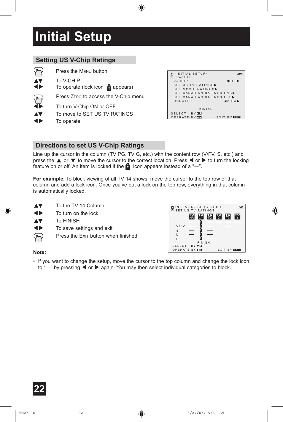Initial setup, Directions to set us v-chip ratings, Setting us v-chip ratings | JVC TM-2703U User Manual | Page 22 / 40