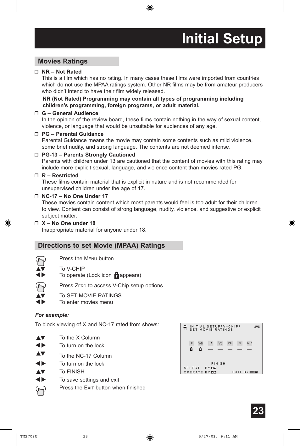 Initial setup, Movies ratings, Directions to set movie (mpaa) ratings | JVC TM-2703U User Manual | Page 23 / 40