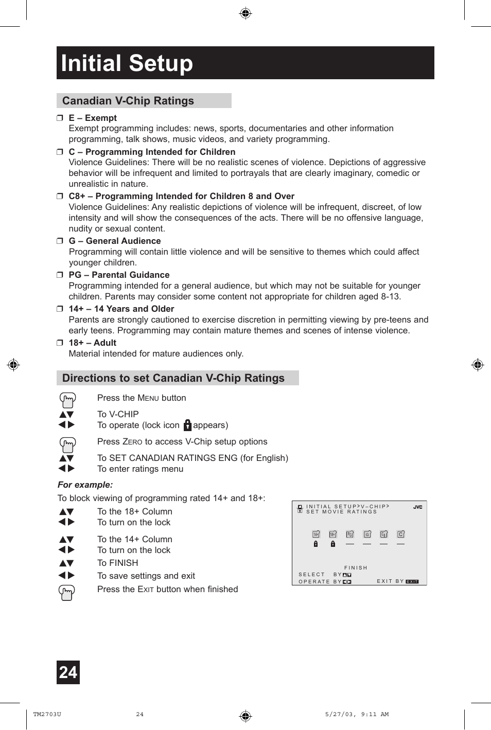 Initial setup, Directions to set canadian v-chip ratings, Canadian v-chip ratings | JVC TM-2703U User Manual | Page 24 / 40
