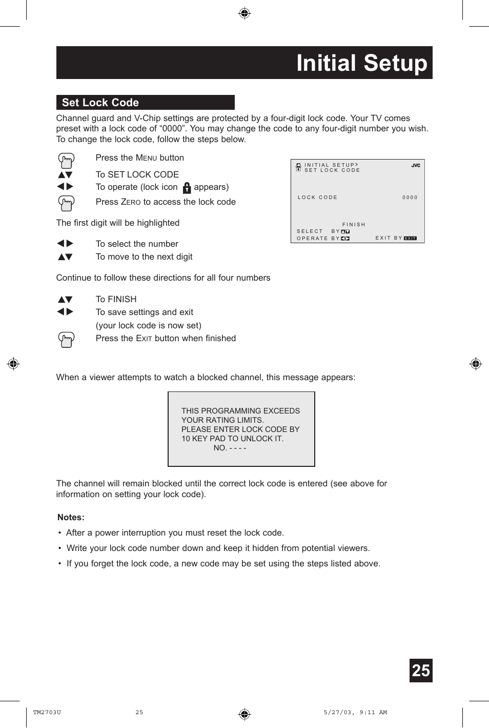 Set lock code, Initial setup | JVC TM-2703U User Manual | Page 25 / 40
