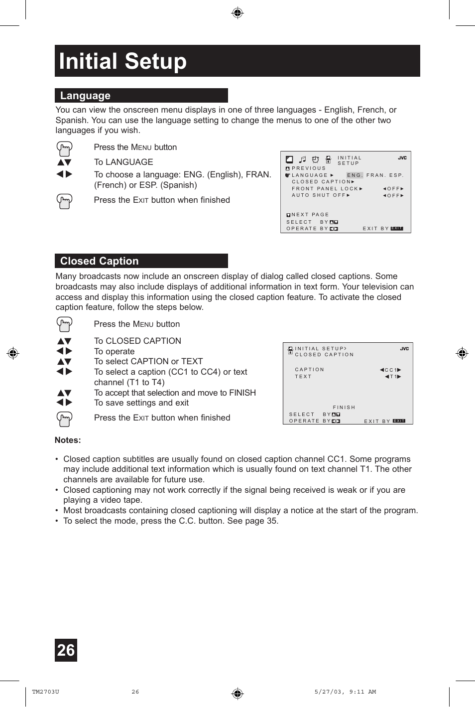 Language, Closed caption, Initial setup | JVC TM-2703U User Manual | Page 26 / 40