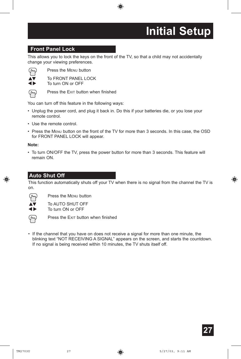 Front panel lock, Auto shut off, Initial setup | JVC TM-2703U User Manual | Page 27 / 40