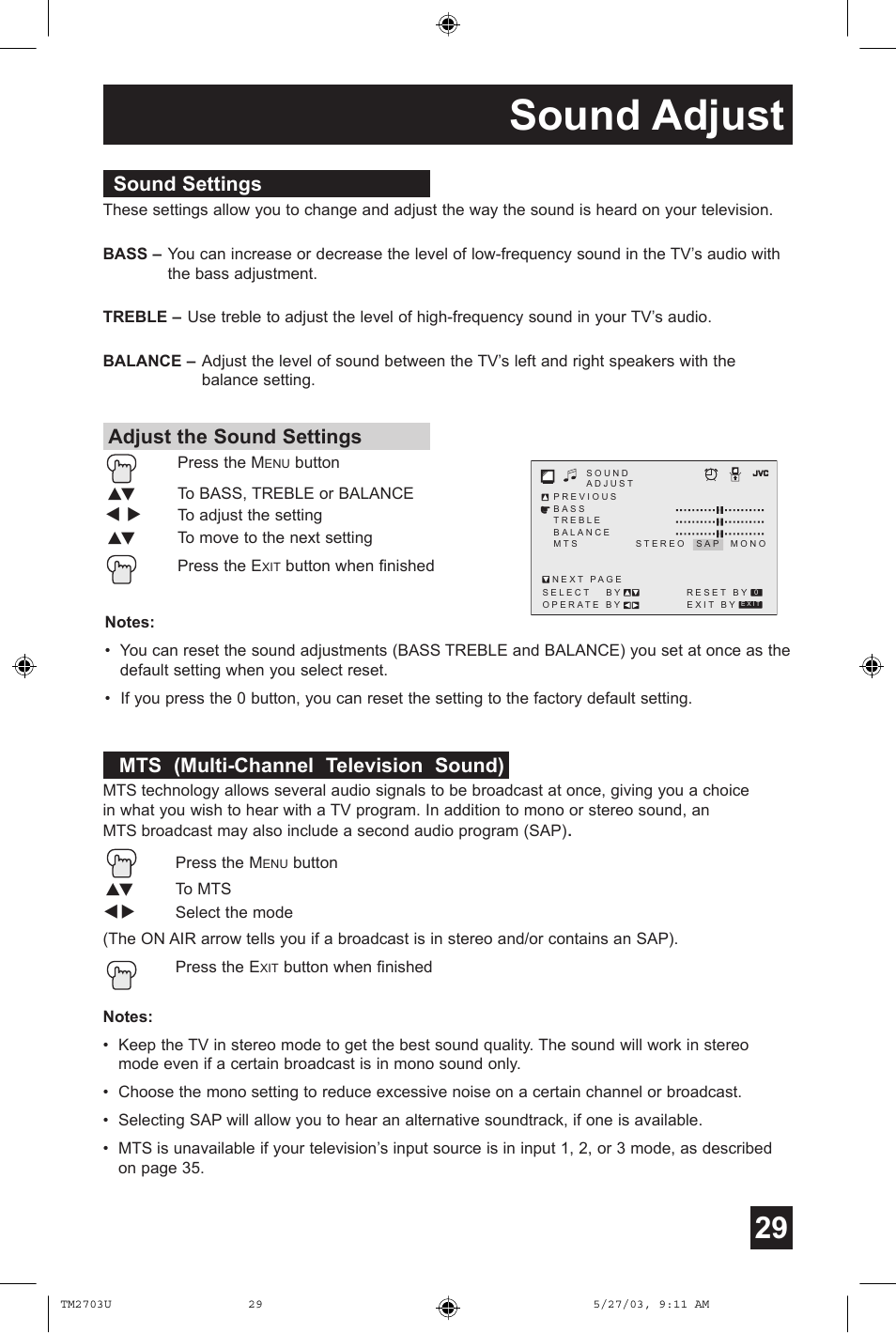 Sound settings, Mts (multi-channel television sound), Sound adjust | JVC TM-2703U User Manual | Page 29 / 40