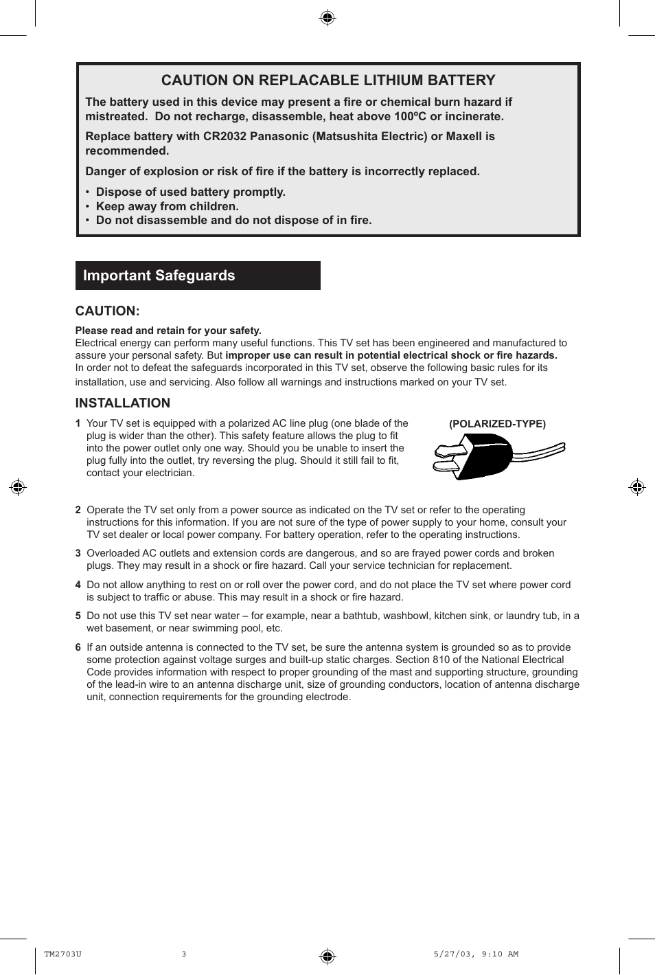 Important safeguards, Caution on replacable lithium battery | JVC TM-2703U User Manual | Page 3 / 40