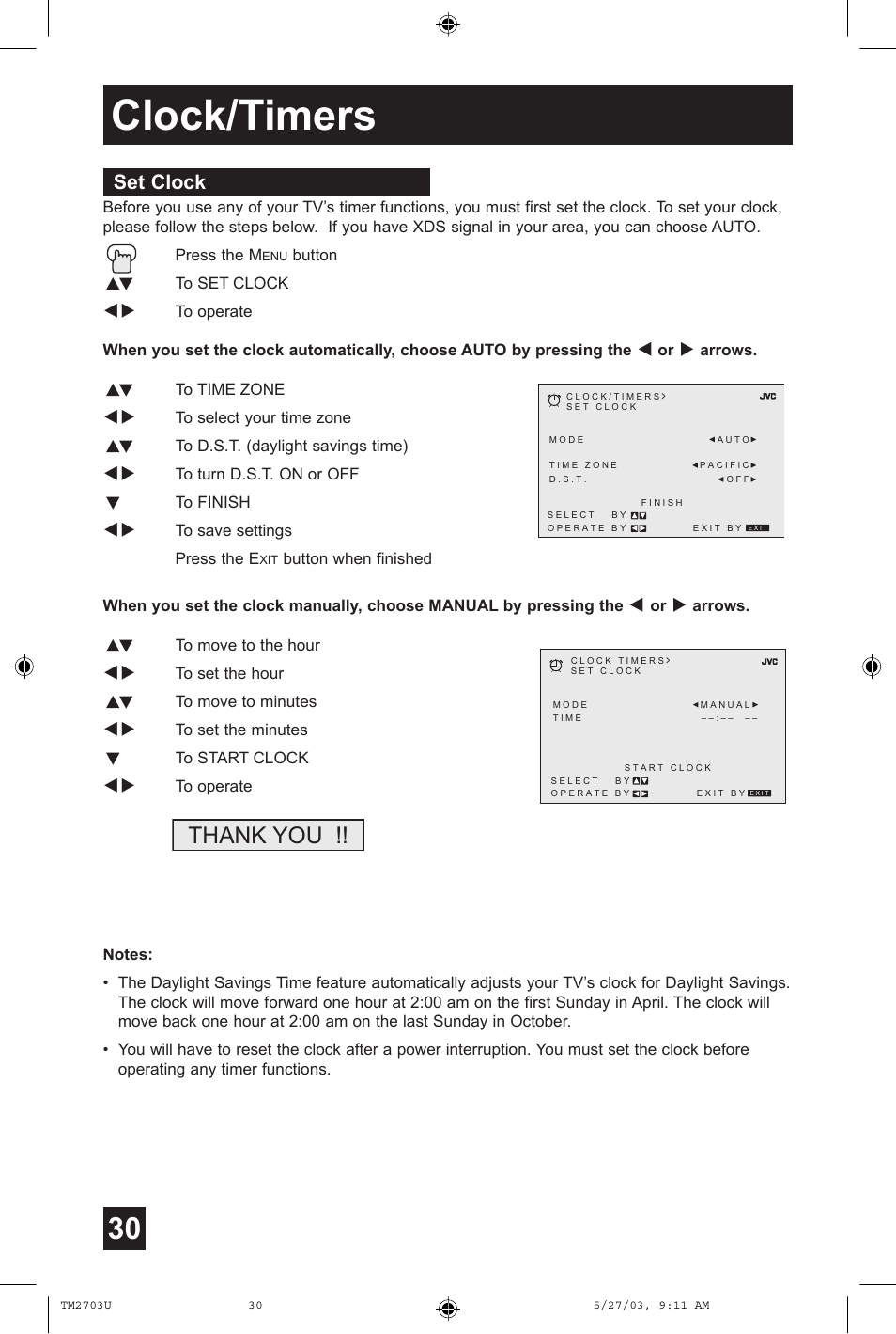 Clock/timers, Set clock | JVC TM-2703U User Manual | Page 30 / 40