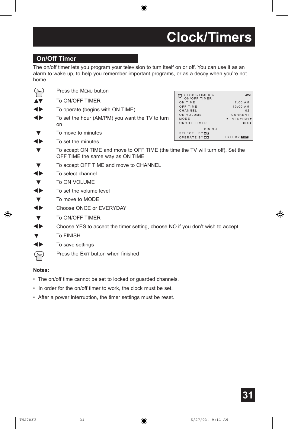 On/off timer, Clock/timers | JVC TM-2703U User Manual | Page 31 / 40