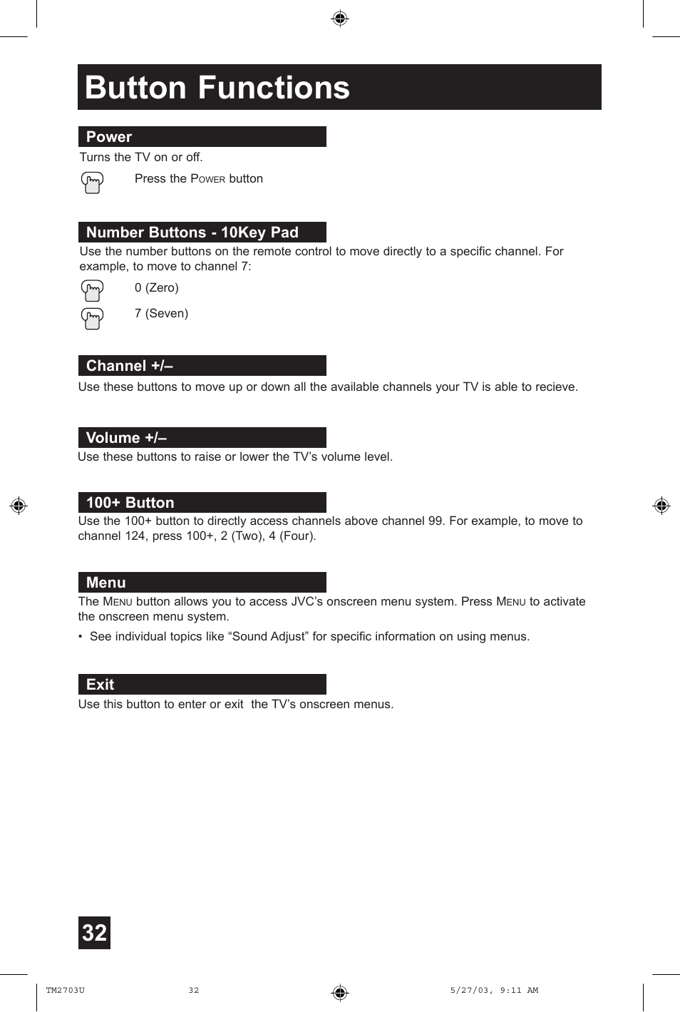 Button functions, Power, Number buttons - 10key pad | Channel, Volume, 100+ button, Menu, Exit | JVC TM-2703U User Manual | Page 32 / 40