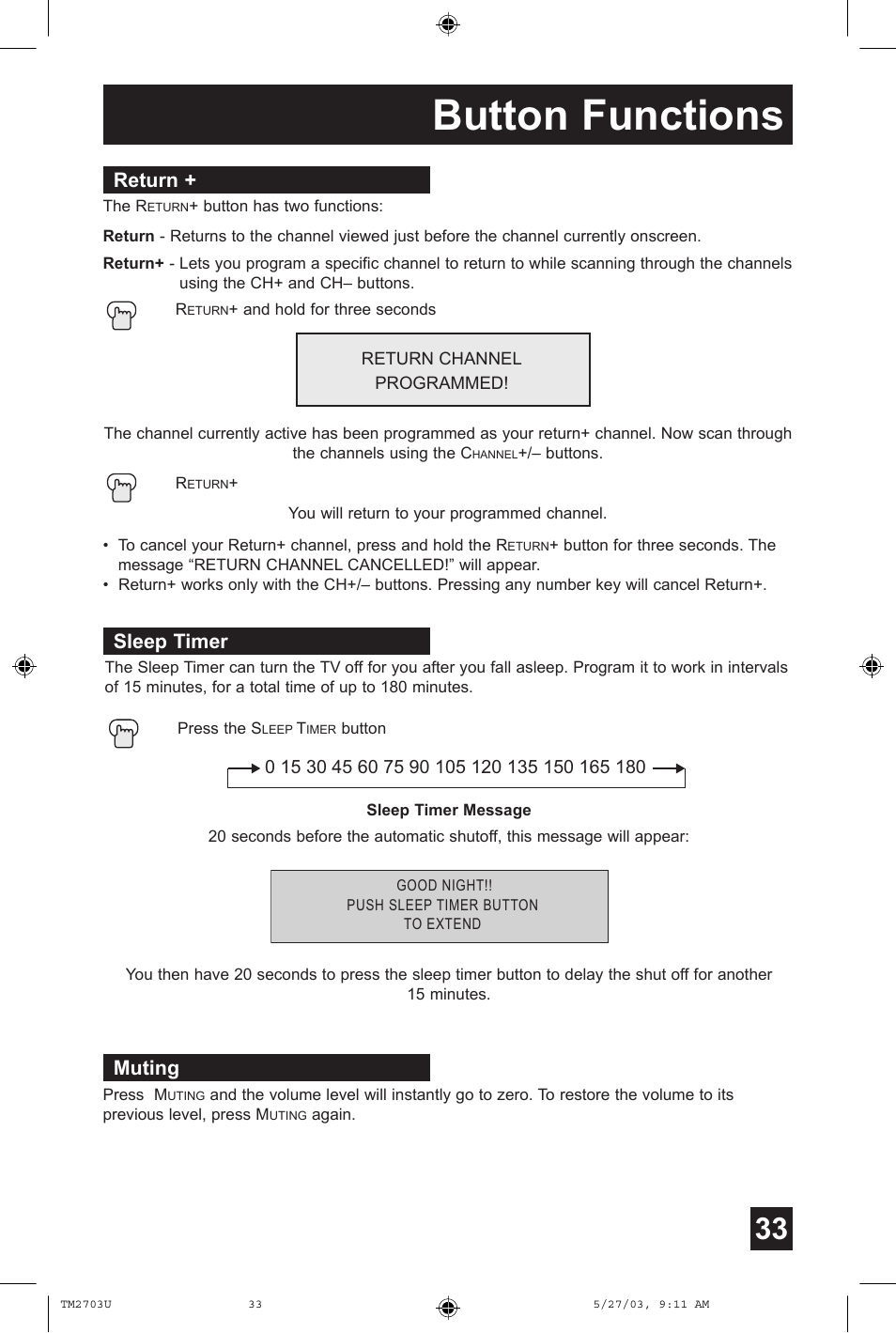Return, Sleep timer, Muting | Button functions | JVC TM-2703U User Manual | Page 33 / 40