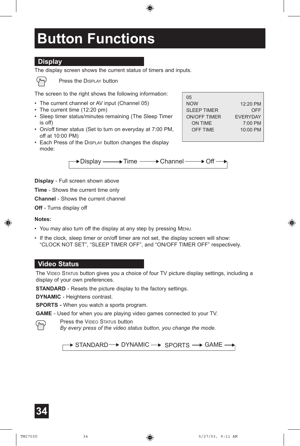 Display, Video status, Button functions | JVC TM-2703U User Manual | Page 34 / 40
