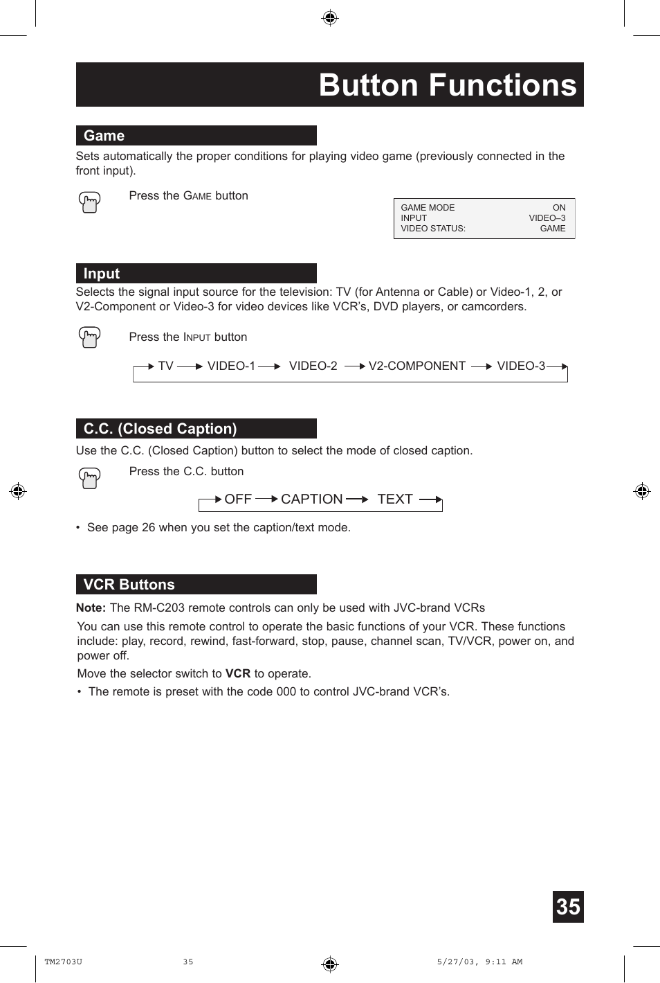 Game, Input, C.c. (closed caption) | Vcr buttons, Button functions | JVC TM-2703U User Manual | Page 35 / 40
