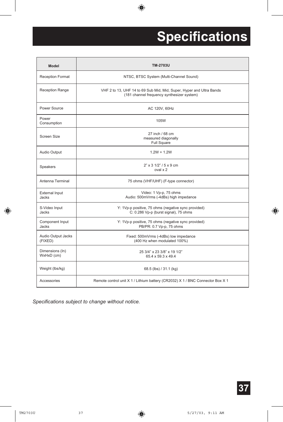 Specifications, Specifications subject to change without notice | JVC TM-2703U User Manual | Page 37 / 40