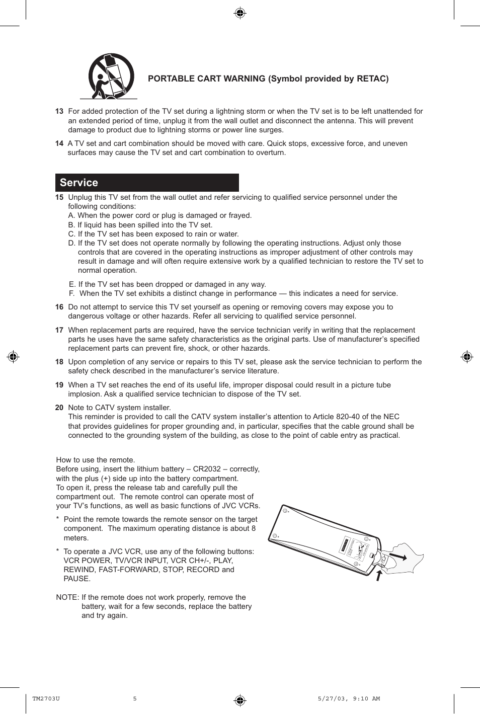 Service, Portable cart warning (symbol provided by retac) | JVC TM-2703U User Manual | Page 5 / 40