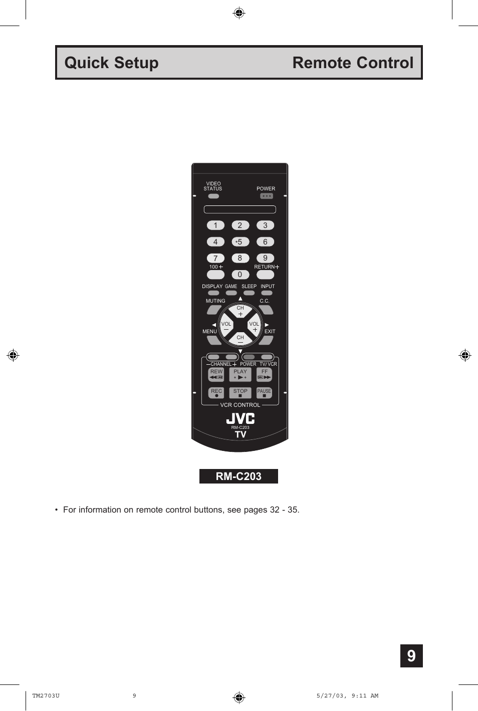 Remote control, Quick setup remote control, Rm-c203 | JVC TM-2703U User Manual | Page 9 / 40