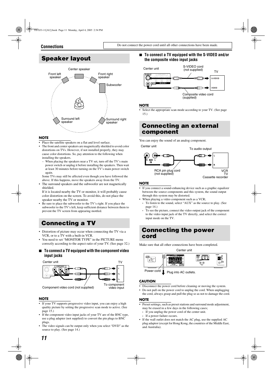 Speaker layout connecting a tv, Connections | JVC TH-S33 User Manual | Page 14 / 41