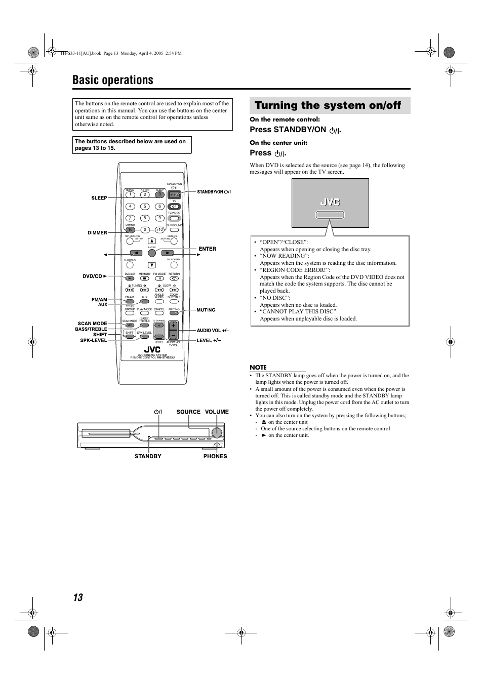 Basic operations, Turning the system on/off, Press standby/on | Press | JVC TH-S33 User Manual | Page 16 / 41