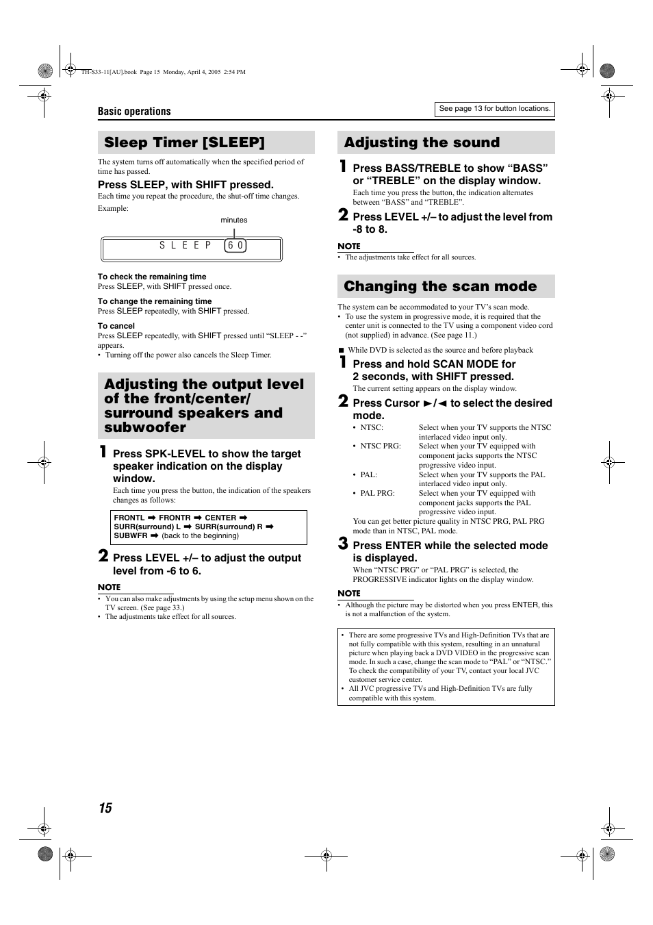 Adjusting the sound changing the scan mode | JVC TH-S33 User Manual | Page 18 / 41