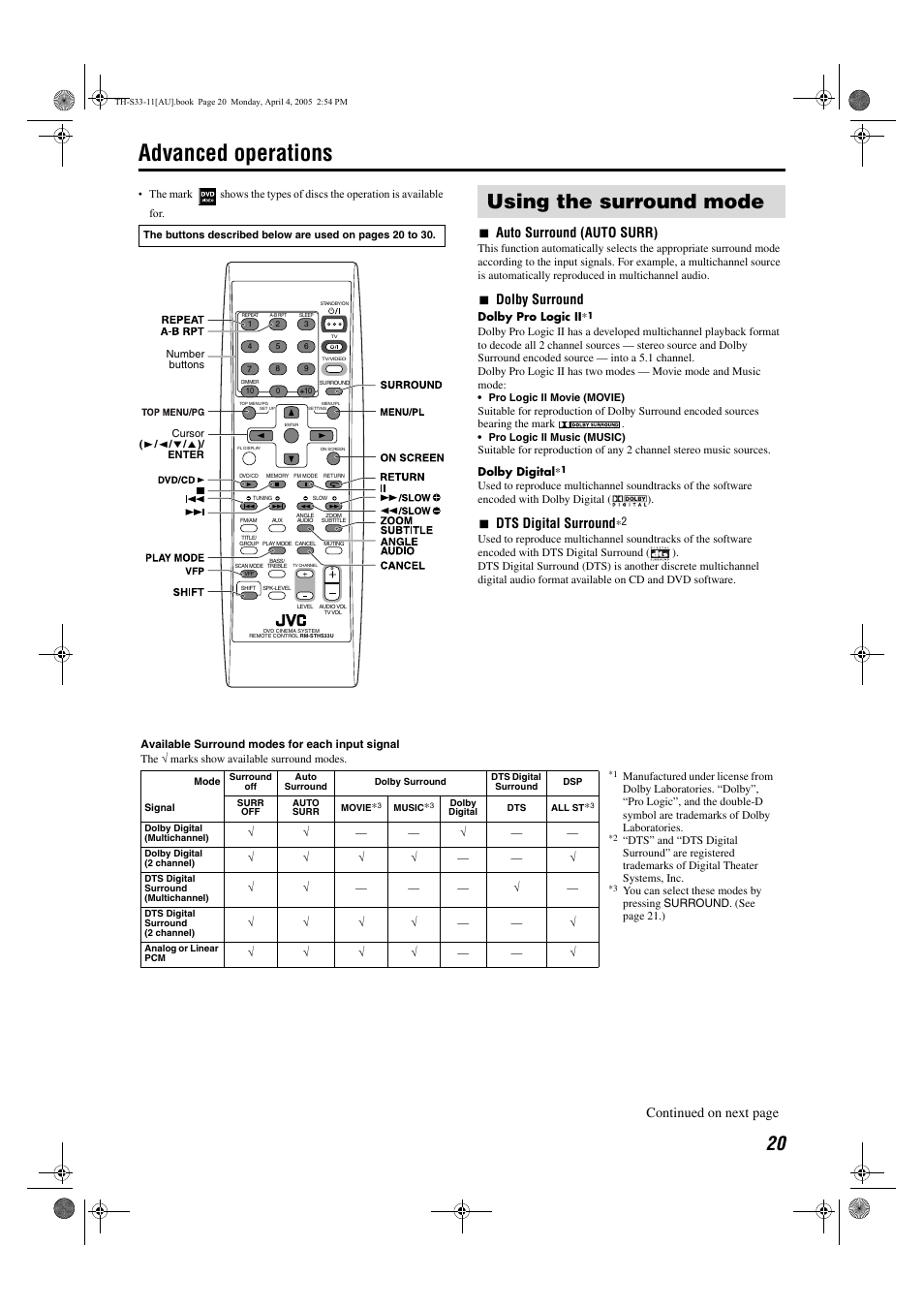 Advanced operations, Using the surround mode, 7auto surround (auto surr) | 7dolby surround, 7dts digital surround, Continued on next page | JVC TH-S33 User Manual | Page 23 / 41