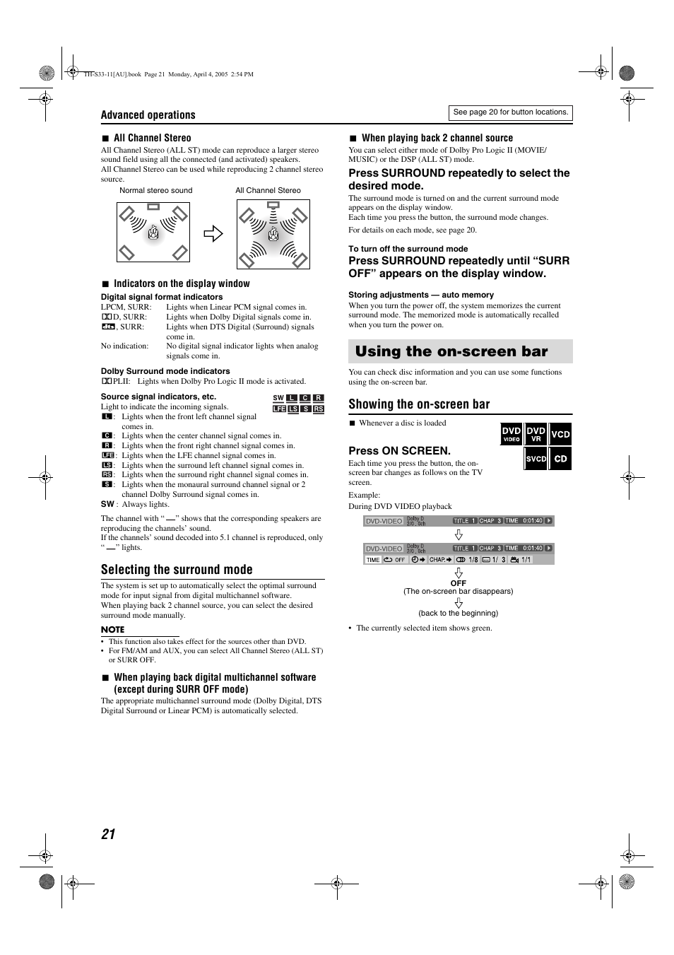 Using the on-screen bar, Selecting the surround mode, Showing the on-screen bar | JVC TH-S33 User Manual | Page 24 / 41