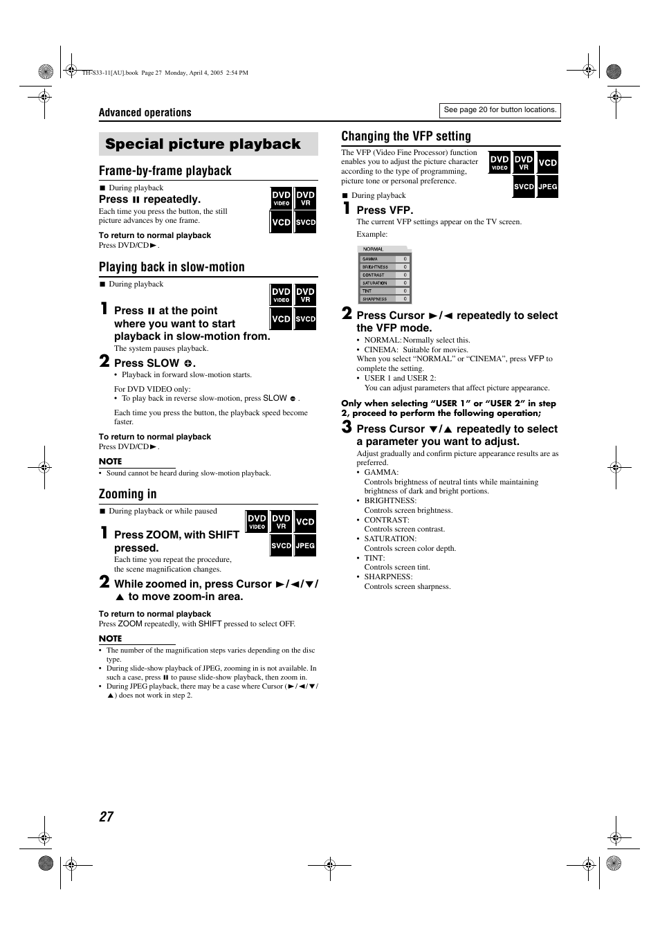 Special picture playback, Frame-by-frame playback, Playing back in slow-motion | Zooming in, Changing the vfp setting | JVC TH-S33 User Manual | Page 30 / 41